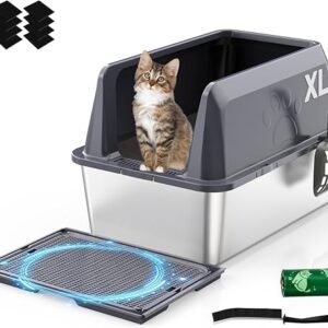 ROWIDE Arenero para Gato de Acero Inoxidable XL, Bordes Altos Antifugas con 5 Accesorios: Pala, Alfombrilla, Pegatinas, Cepillo y Bolsas. FáCil de Limpiar, No Se Pega, Apto para Gatos Grandes