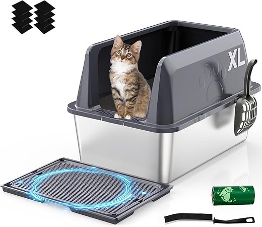 ROWIDE Arenero para Gato de Acero Inoxidable XL, Bordes Altos Antifugas con 5 Accesorios: Pala, Alfombrilla, Pegatinas, Cepillo y Bolsas. FáCil de Limpiar, No Se Pega, Apto para Gatos Grandes