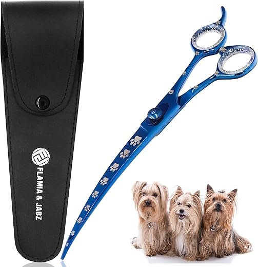 Tijeras profesionales de aseo para perros, curvadas, con huellas de patas para perros, gatos y mascotas (mano derecha, azul, acero inoxidable, 8 pulgadas)