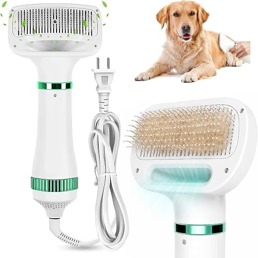 Secadora para Perro, 2 en 1 300W Secadora de Pelo para Perro con Cepillo, Aspiradora de Pelo de Perro de Aseo, Temperatura Ajustable y bajo ruid, para Todo Tipo de Mascotas Pequeñas, Verde